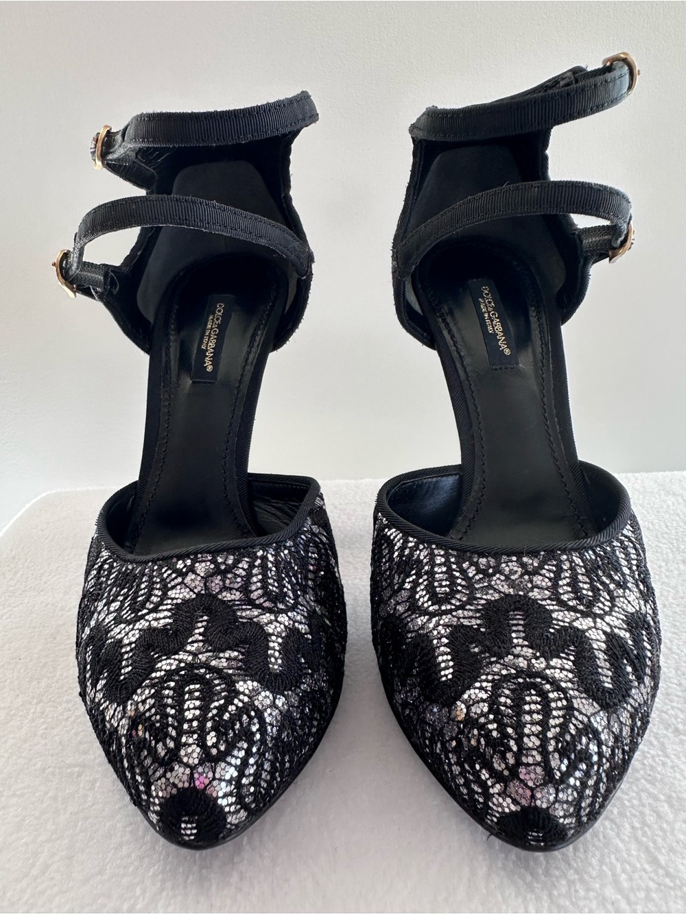 Dolce & Gabbana Black Lace Pointed Toe Double Ankle-Strap Pumps